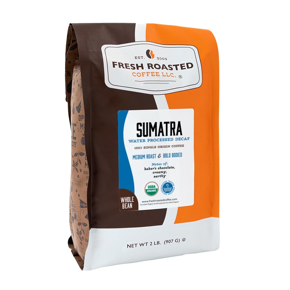 Fresh Roasted Coffee front packaging showing Sumatra decaf and benefits