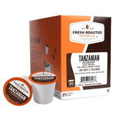 Fresh Roasted Coffee front packaging showing Tanzanian peaberry pods and freshness