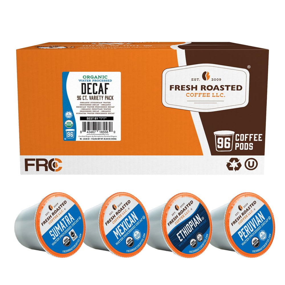 Fresh Roasted Coffee front packaging showing organic variety pack benefits