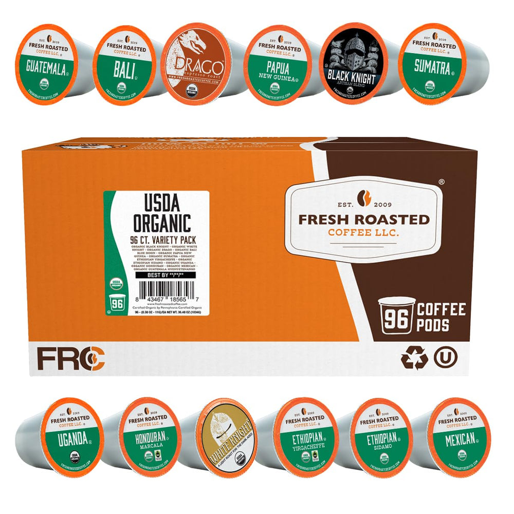 Fresh Roasted Coffee front packaging showing organic variety and count benefit