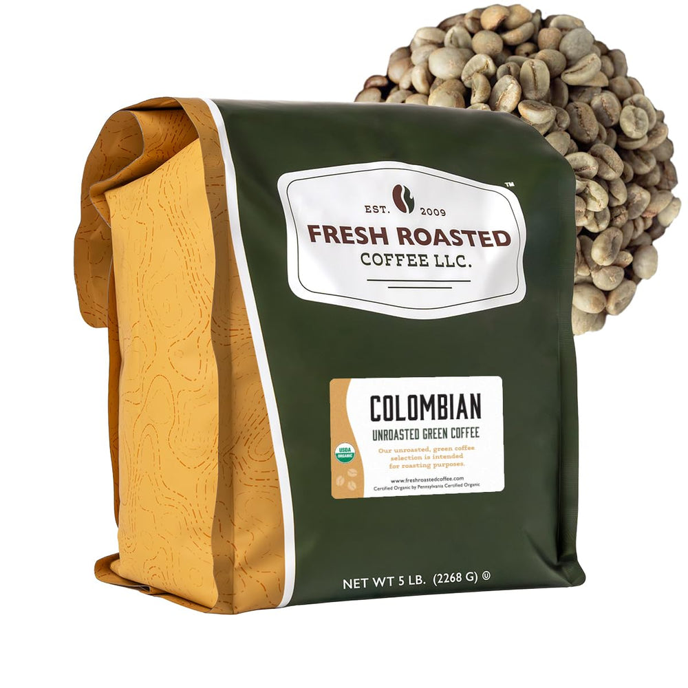 Fresh Roasted Coffee front packaging showing 5 lb bag and benefits