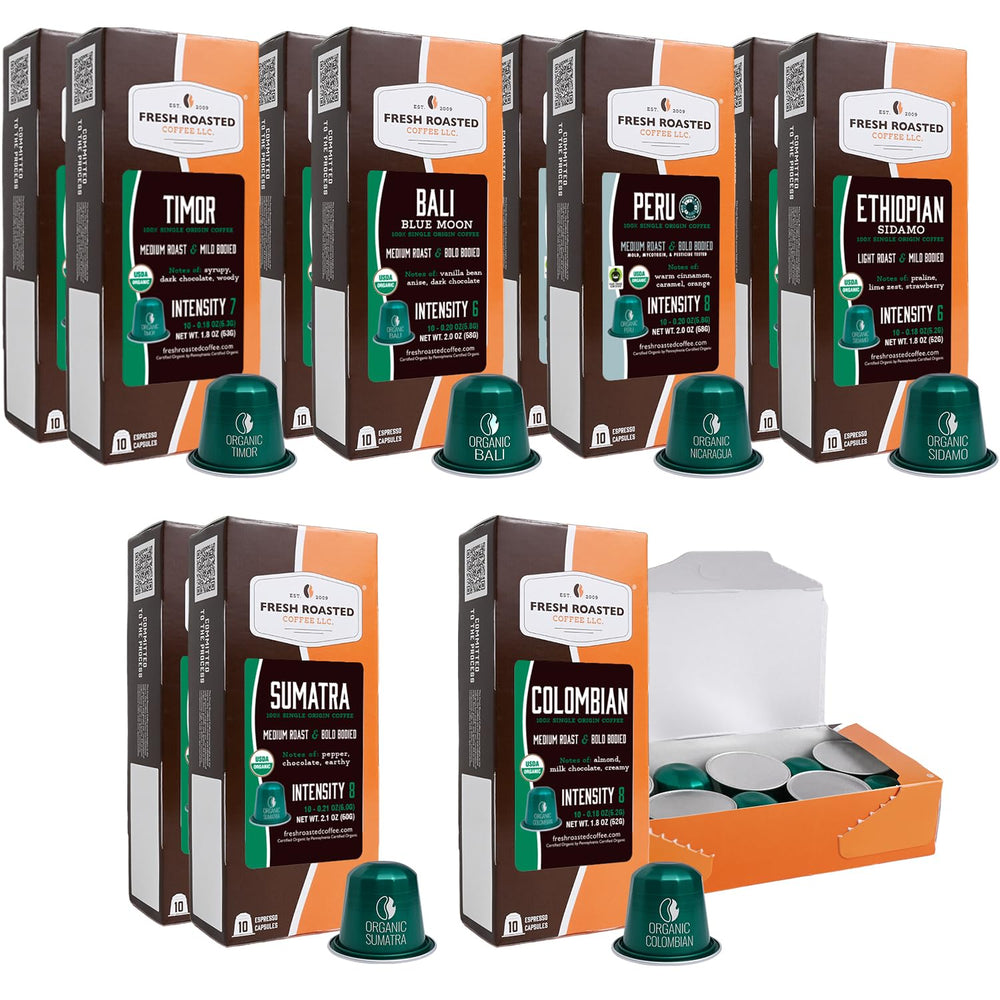 Fresh Roasted Coffee front packaging showing 120 capsules and organic seal for clear choice