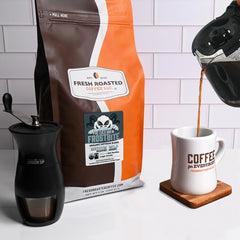 Fresh Roasted Coffee bag valve detail with nitrogen flush keeping beans fresh