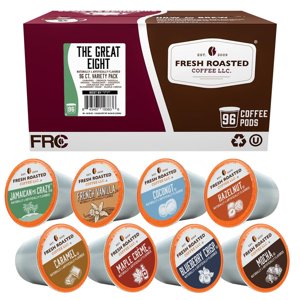 Fresh Roasted Coffee front packaging showing 96-count variety and flavor names, convenience benefit