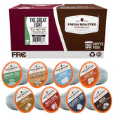 Fresh Roasted Coffee front packaging showing 96-count variety and flavor names, convenience benefit