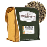 Fresh Roasted Coffee front packaging of 5 lb organic Guatemala green beans showing label and bag benefit freshness