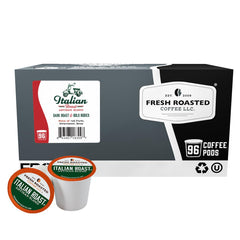 Fresh Roasted Coffee front packaging showing 96-count pods and bold Italian roast benefit