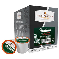 Fresh Roasted Coffee pack front showing 24-count Italian Roast and Keurig compatibility benefits