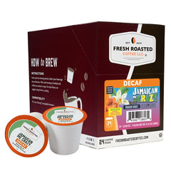 Fresh Roasted Coffee front packaging showing tropical decaf flavor benefit