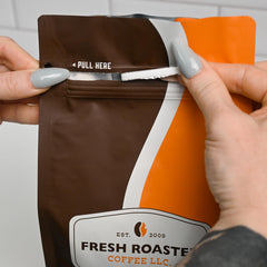 Fresh Roasted Coffee bag label detail with single-origin Kochere information and trust