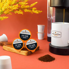 Fresh Roasted Coffee pod closeup showing BPA-free #5 plastic cup and tight seal for freshness preservation