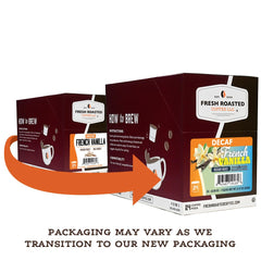 Fresh Roasted Coffee pod top label close-up highlighting flavor and compatibility
