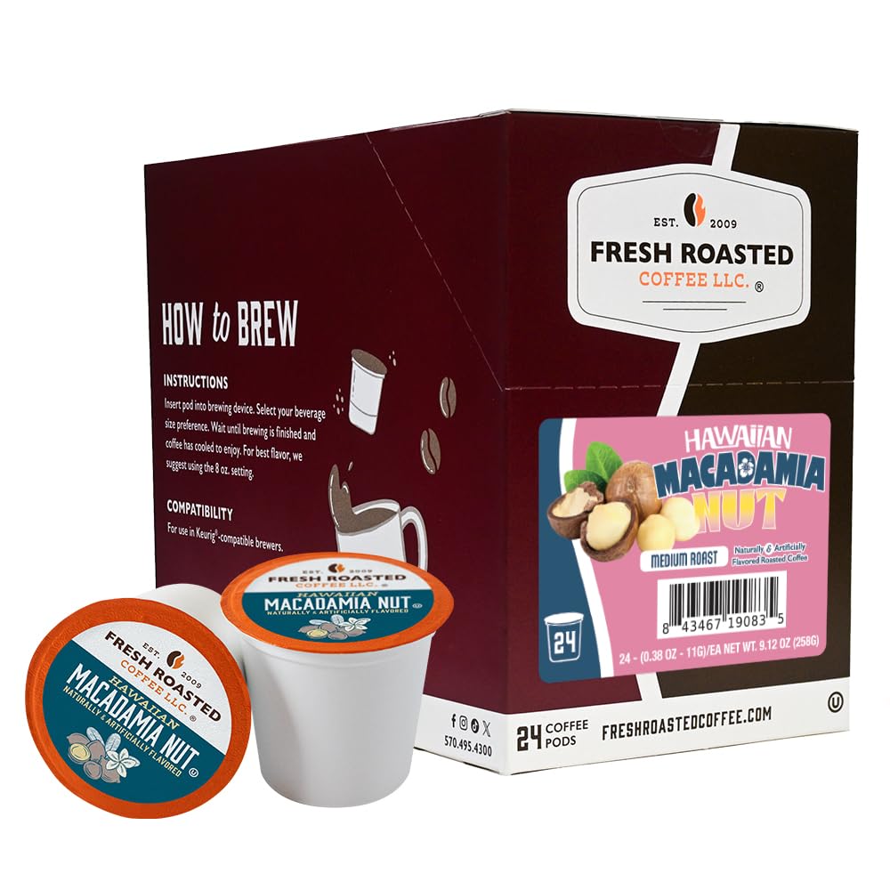 Fresh Roasted Coffee front packaging showing 24-count Hawaiian Macadamia pods and convenience