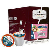 Fresh Roasted Coffee front packaging showing 24-count Hawaiian Macadamia pods and convenience