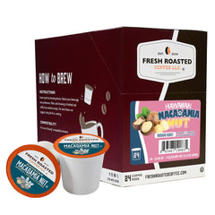Fresh Roasted Coffee front packaging showing 24-count Hawaiian Macadamia pods and convenience