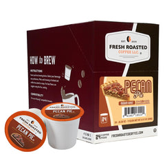 Fresh Roasted Coffee front packaging showing 24-count pods and pecan pie aroma