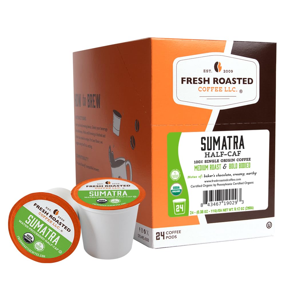 Fresh Roasted Coffee front packaging showing 24 count pods and organic badge
