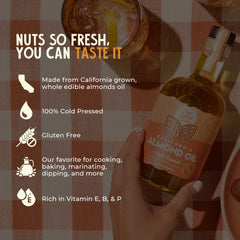 Fresh Vintage Farms bottle beside whole almonds illustrating source and freshness