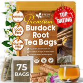 FRESHDRINKUS front packaging showing 75 burdock root tea bags and benefits