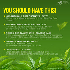 FRESHDRINKUS dry green tea leaves texture demonstrating pure single-ingredient quality