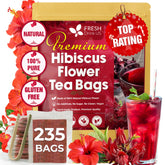 FreshDrinkUS front packaging showing 235 hibiscus tea bags and benefits