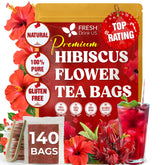 FRESHDRINKUS front packaging showing 140 hibiscus tea bags and resealable pouch benefit freshness