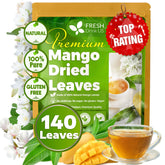 FreshDrinkUS front packaging showing whole mango leaves and clear benefits