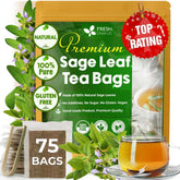 FreshDrinkUS front packaging showing 75 sage tea bags and benefits