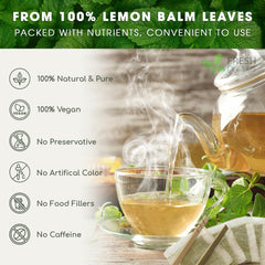 FRESHDRINKUS brewed cup steaming lemon balm tea displaying clarity and soothing aroma
