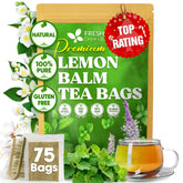 FRESHDRINKUS front packaging showing 75-count lemon balm tea bags and branding benefits