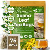 FreshDrinkUS front packaging showing 75 senna tea bags and clear labeling benefit: pure ingredient clarity