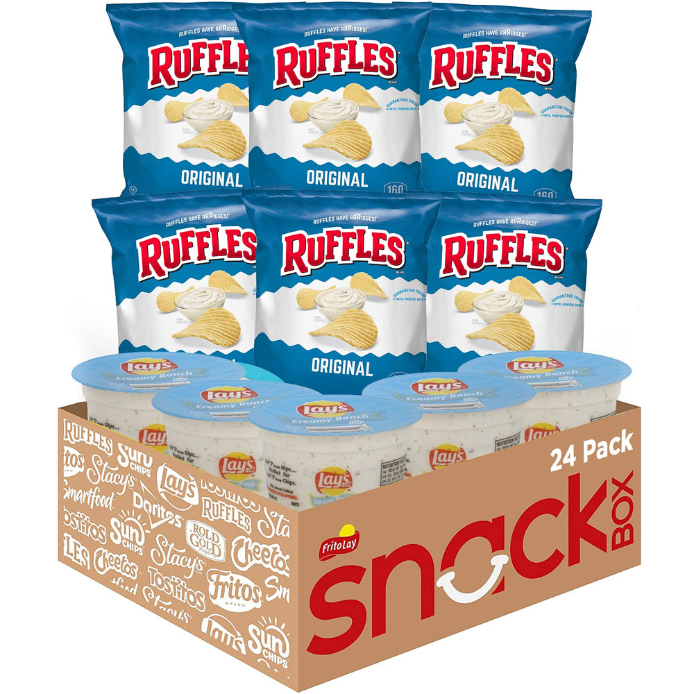 Frito Lay front view of 24-count Ruffles and Lay's Ranch variety pack showing packaging and count benefits