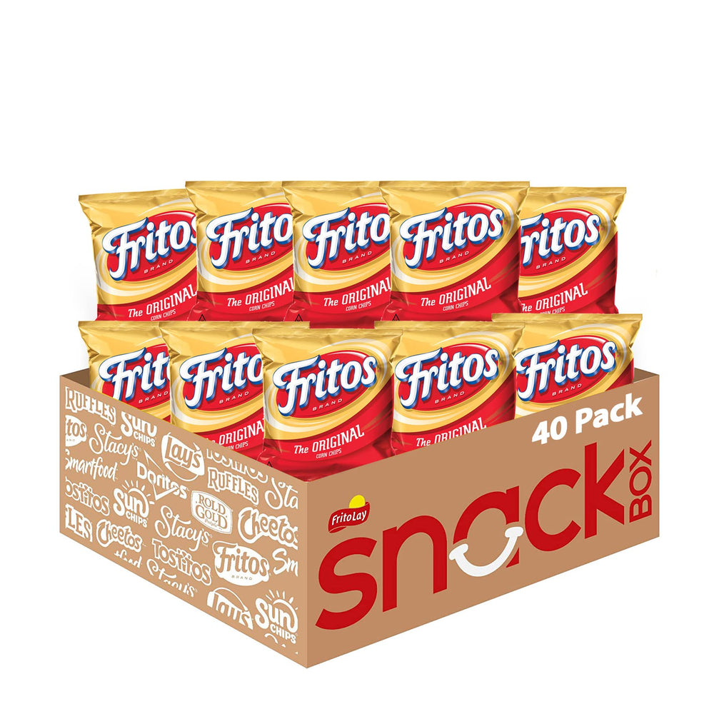 Fritos front packaging showing brand and snack in convenient single-serve bags for portability