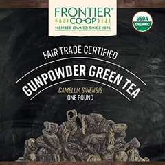 Frontier Co-op close-up of tightly rolled gunpowder leaves, showcases concentrated flavor