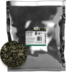 Frontier Co-op front pouch showing 1-pound gunpowder green tea, clear labeling benefit