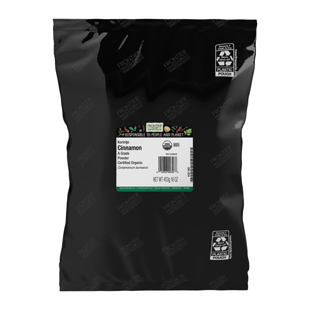 Frontier Co-op Korintje cinnamon front packaging showing size and organic label benefit