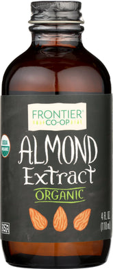 Frontier Co-op almond extract front packaging shows organic label and warm flavor benefit