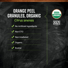 Frontier Co-op close-up of orange peel granules with visible oil, intense citrus aroma