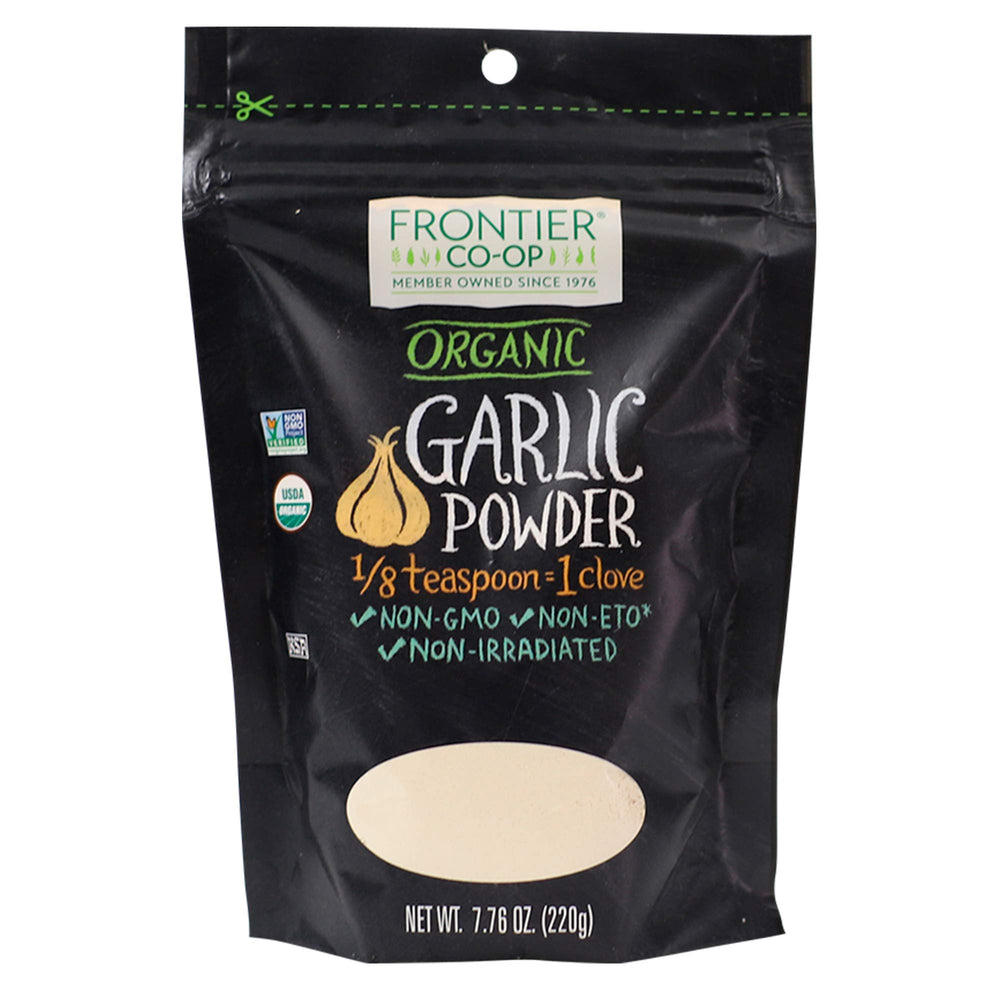 Frontier Co-op front packaging showing 7.76-ounce organic garlic powder, convenient pantry staple
