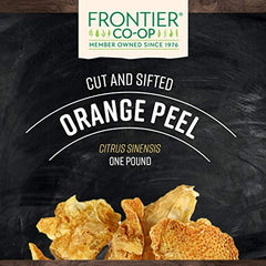 Close-up texture of Frontier Co-op orange peel pieces highlighting concentrated citrus aroma