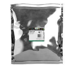 Frontier Co-op thyme front packaging showing organic bulk pouch and label benefit