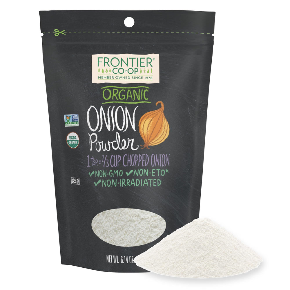 Frontier Co-op front-facing package showing organic white onion powder for pantry convenience