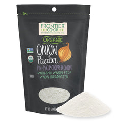Frontier Co-op front-facing package showing organic white onion powder for pantry convenience