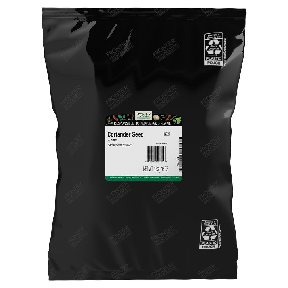Frontier Co-op whole coriander front packaging showing bulk bag and clear labeling for freshness
