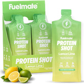 FUELMATE front packaging showing 10-pack lemon lime shots for convenient protein