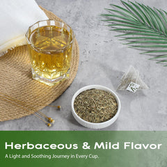 FullChea tea bag steeping in mug demonstrating easy brewing and warm calming benefit