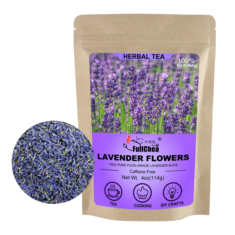FullChea front packaging showing 4oz bag and clean lavender buds, highlights quality
