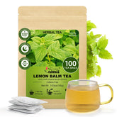 FullChea front packaging showing 100-count lemon balm tea bags and clear branding benefits