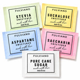 FULVIANO front packaging showing assorted sweetener types and tidy design benefits