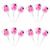 Fun Express front packaging showing 12 wrapped flamingo lollipops, easy party setup